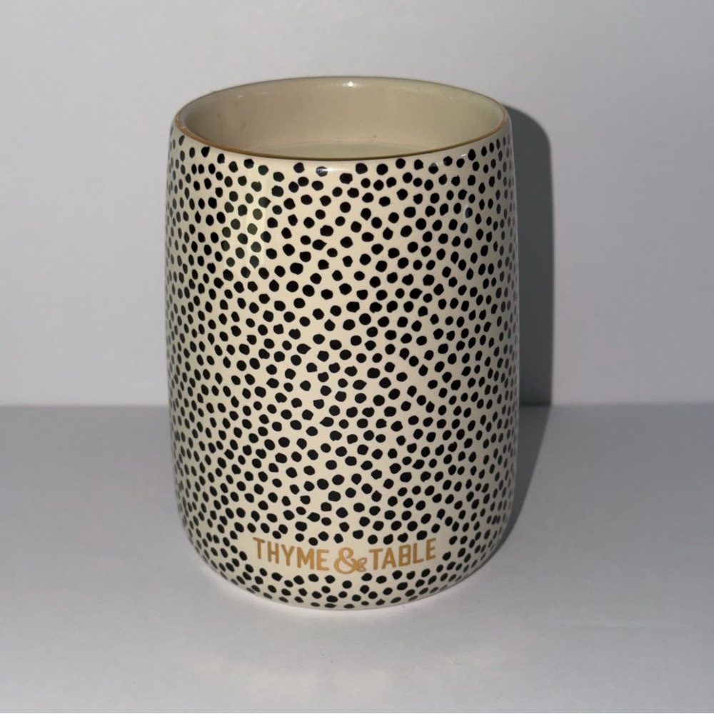 Thyme & Table Two-Wick Candle Eucalyptus and Leather Black Dot Ceramic